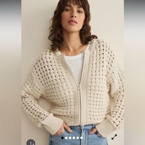 Z Supply Logan Sweater Jacket Crystal White Open-Knit Zip Cardigan Women Small